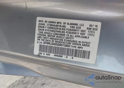 2016 Honda Odyssey Ex-L from USA, damaged, VIN 5FNRL5H65GB073803
